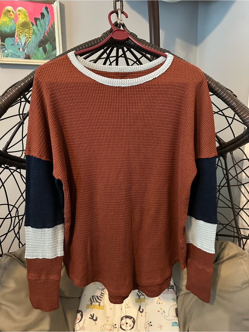 SO Waffle Knit Crewneck Sweater - Rust/Navy/White